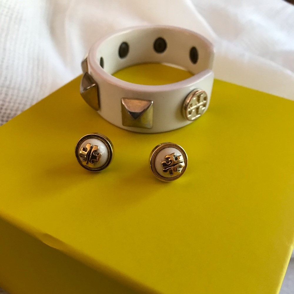 Tory Burch earrings and bangle
